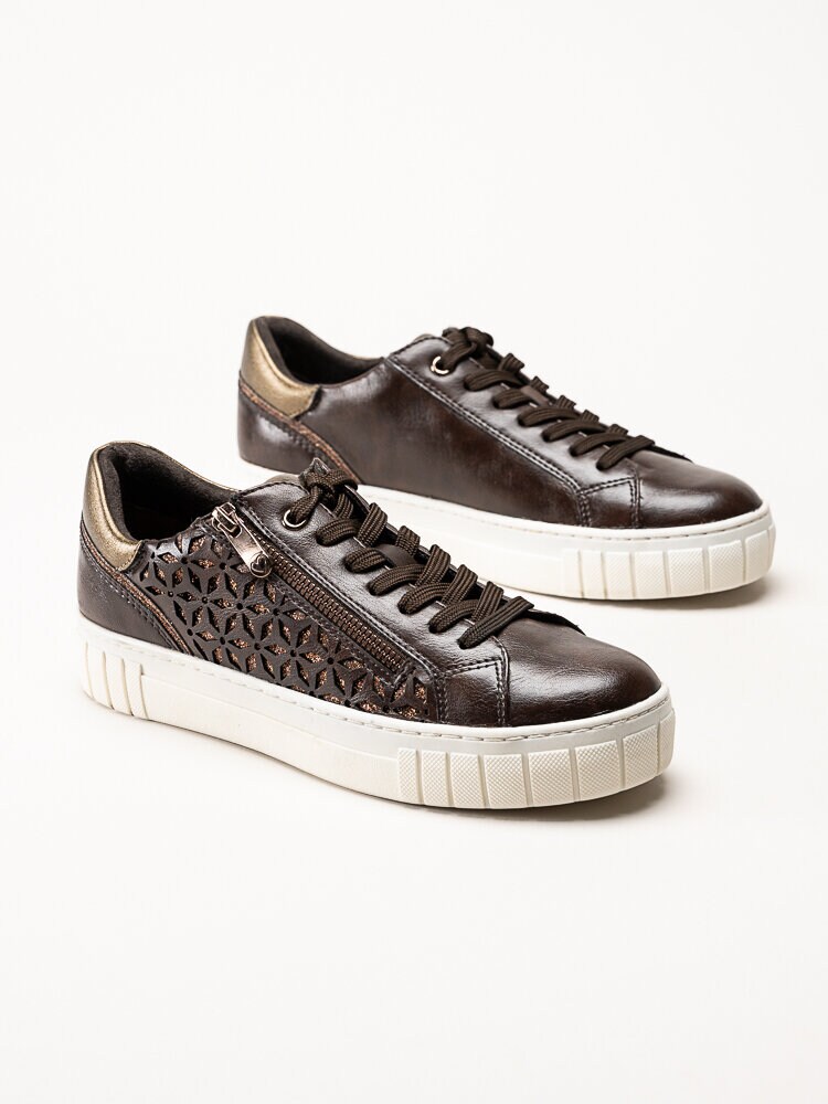 Marco Tozzi - Mörkbruna sneakers i skinnimitation