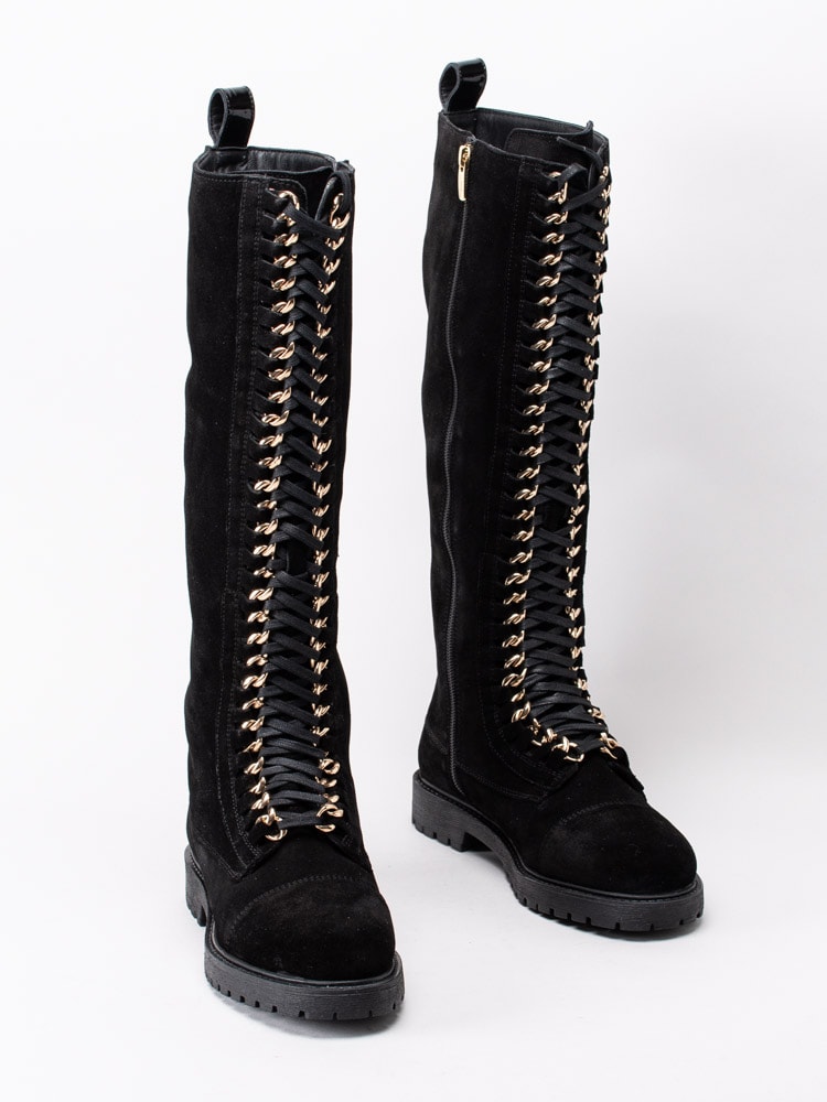 01203002 Copenhagen Shoes Ally long suede CS5214-001 Svarta stövlar i mocka med gulddetaljer-11