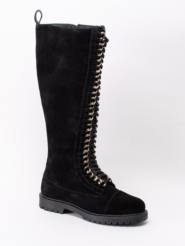 01203002 Copenhagen Shoes Ally long suede CS5214-001 Svarta stövlar i mocka med gulddetaljer-7