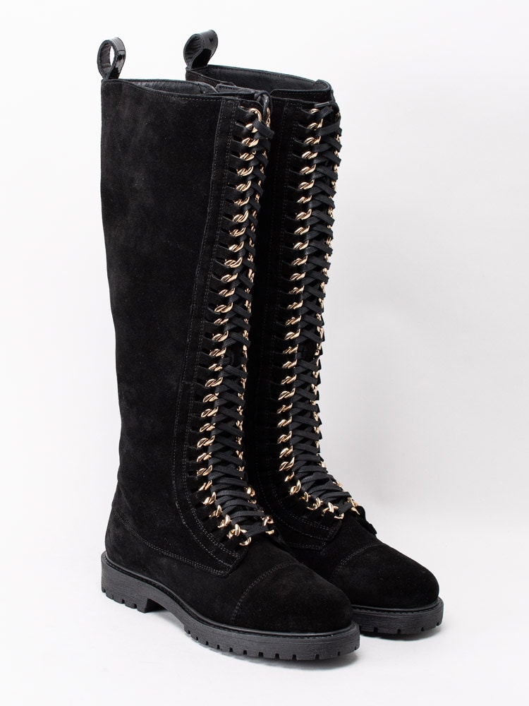01203002 Copenhagen Shoes Ally long suede CS5214-001 Svarta stövlar i mocka med gulddetaljer-9