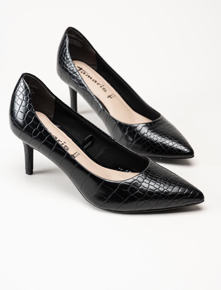 Tamaris - Svarta pumps i crocomönster