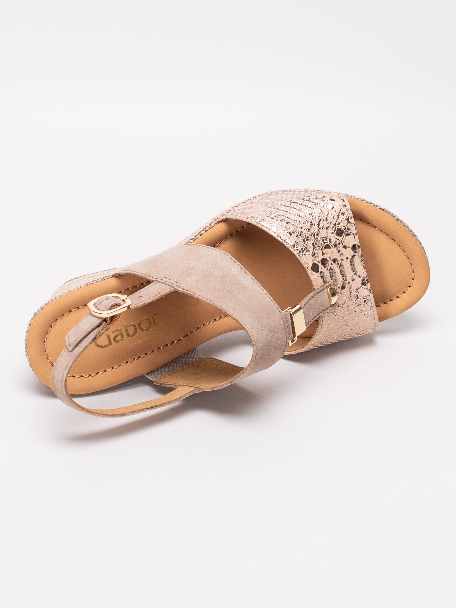06191045 Gabor 22.827-34 beige kilklackade sandaletter med rosa metalliskt reptilmönster-4
