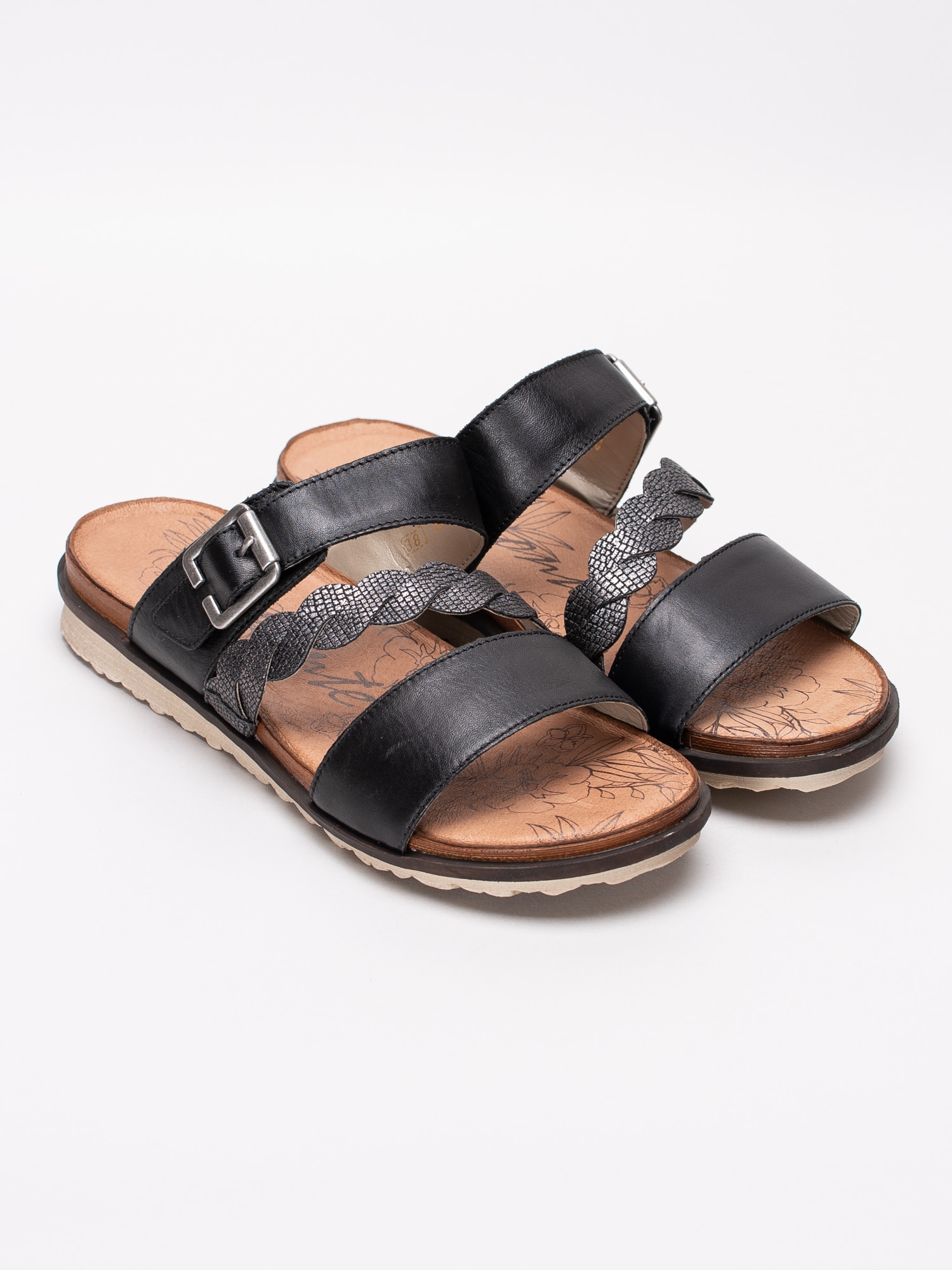 06191054 Remonte R2757-01 svarta slip in sandaler med tvinnat silverband-3