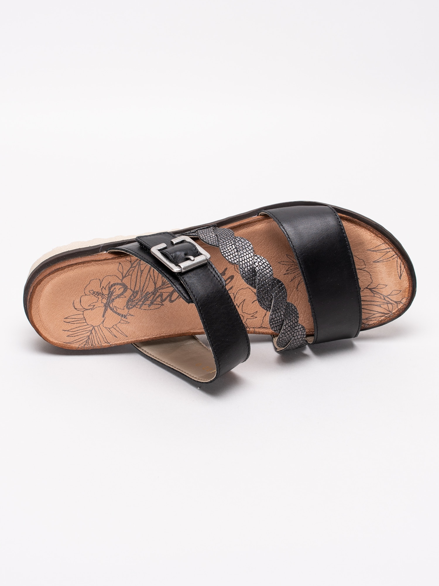 06191054 Remonte R2757-01 svarta slip in sandaler med tvinnat silverband-4