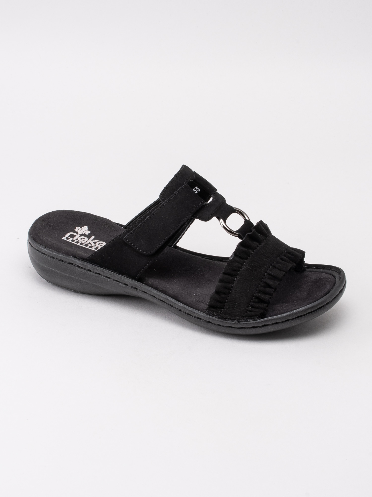 06191058 Rieker 608K9-01 svarta slip in sandaler med volangdetaljer-1