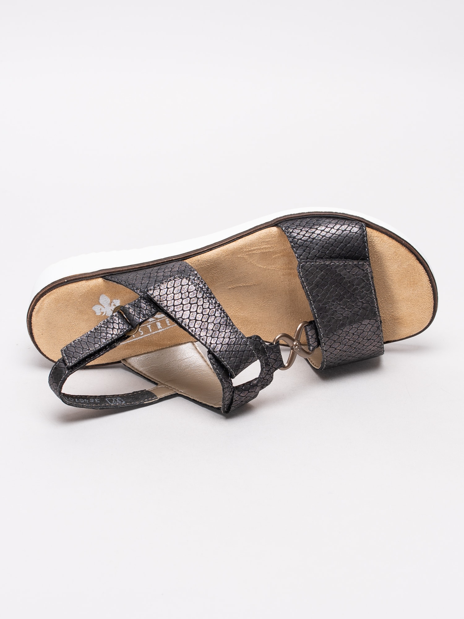 06191073 Rieker 63687-45 grå skimrande sandaler med reptil mönster-4