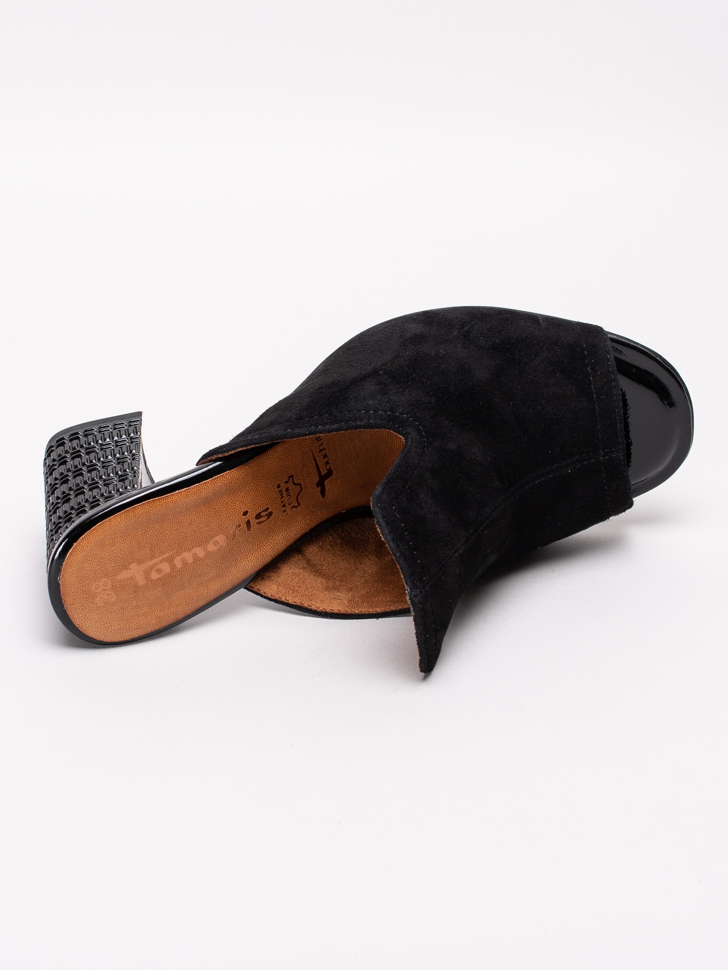 06191117 Tamaris 1-27255-22-001 svarta slip ins sandaletter med mönstrad glansig klossklack-4