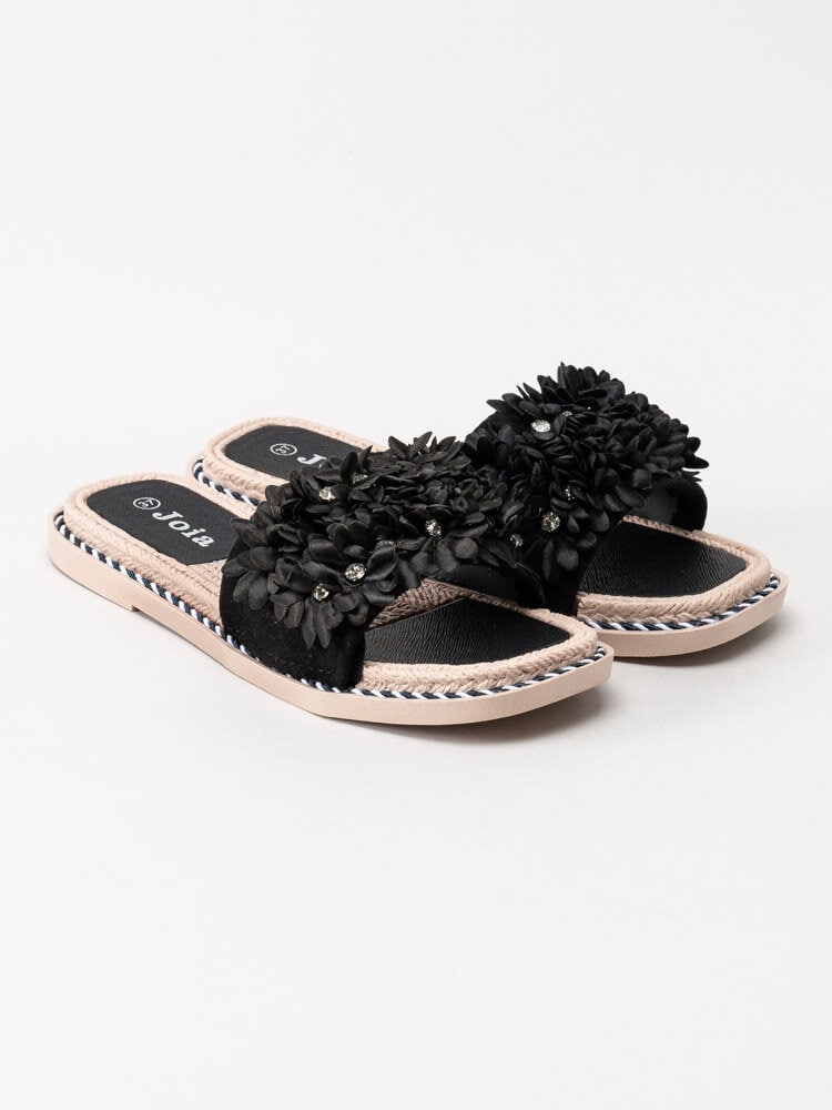 Joia - Svarta slip in sandaler med blomdekor