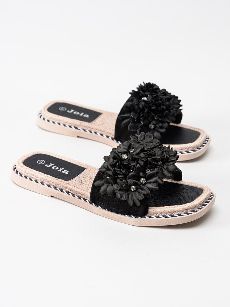 Joia - Svarta slip in sandaler med blomdekor