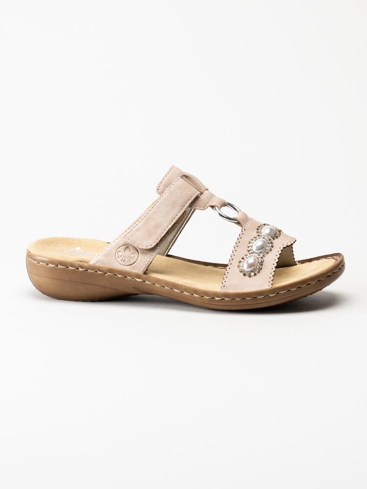 Rieker - Beige slip in sandaler med pärldekor