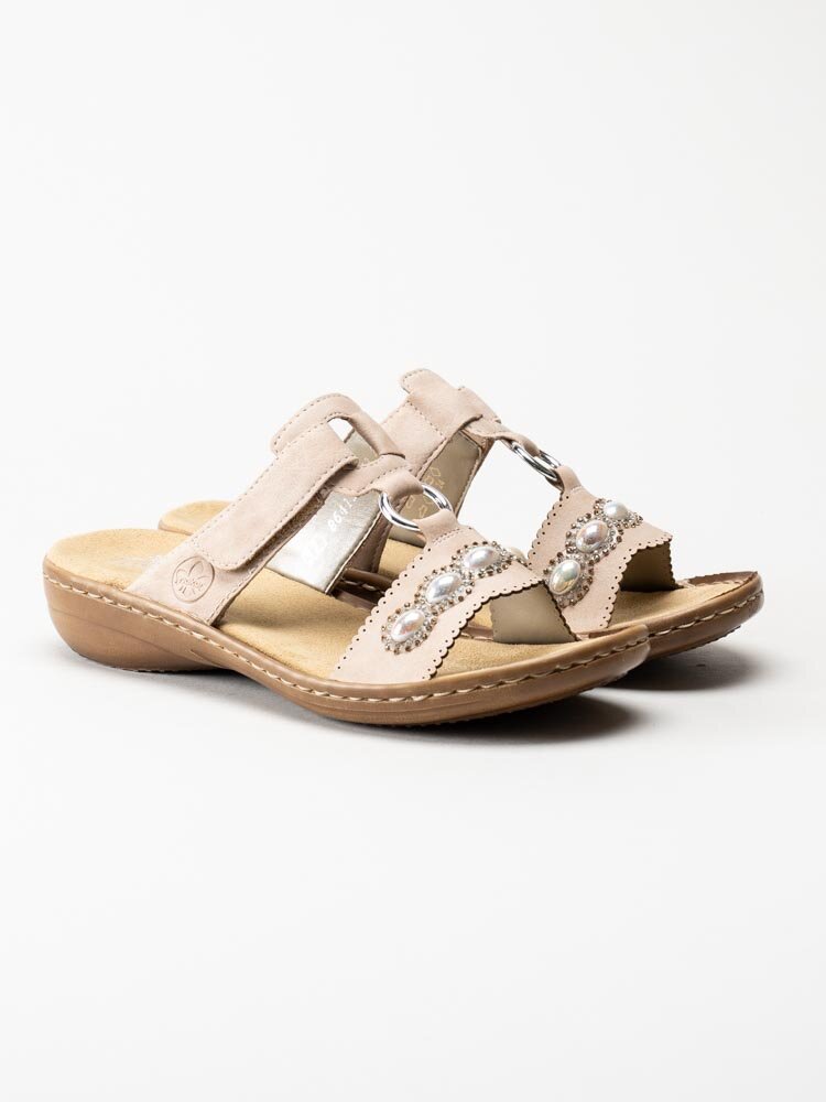 Rieker - Beige slip in sandaler med pärldekor