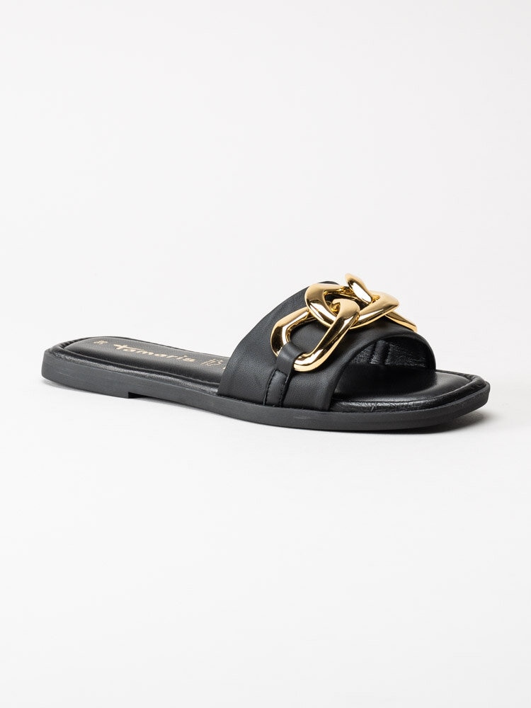 Tamaris - Svarta slip in sandaler med guldfärgad dekor