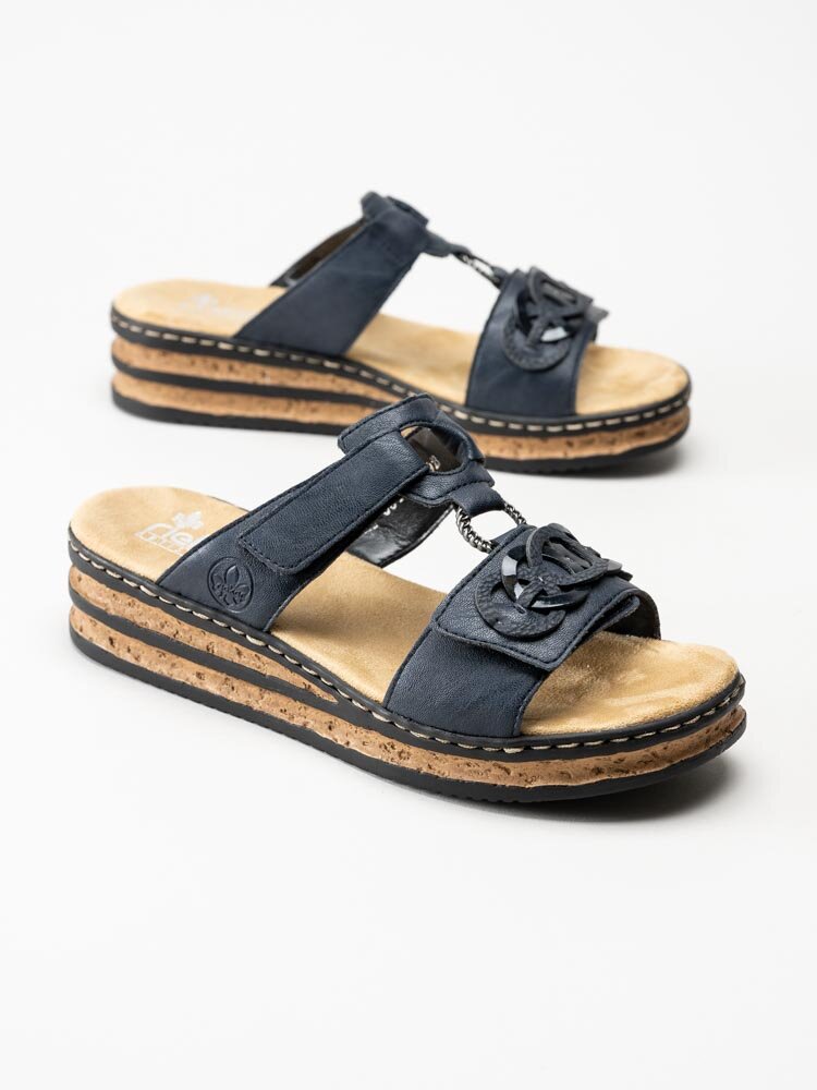 Rieker - Mörkblå kilklackade slip-in sandaler