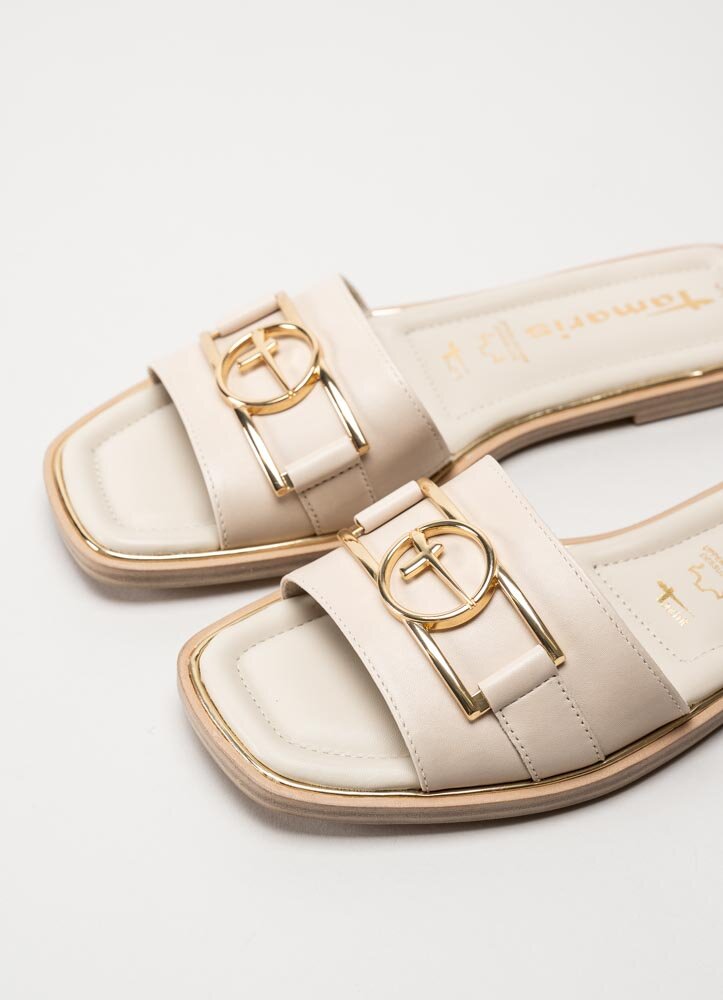 Tamaris - Beige slip in sandaler i skinn