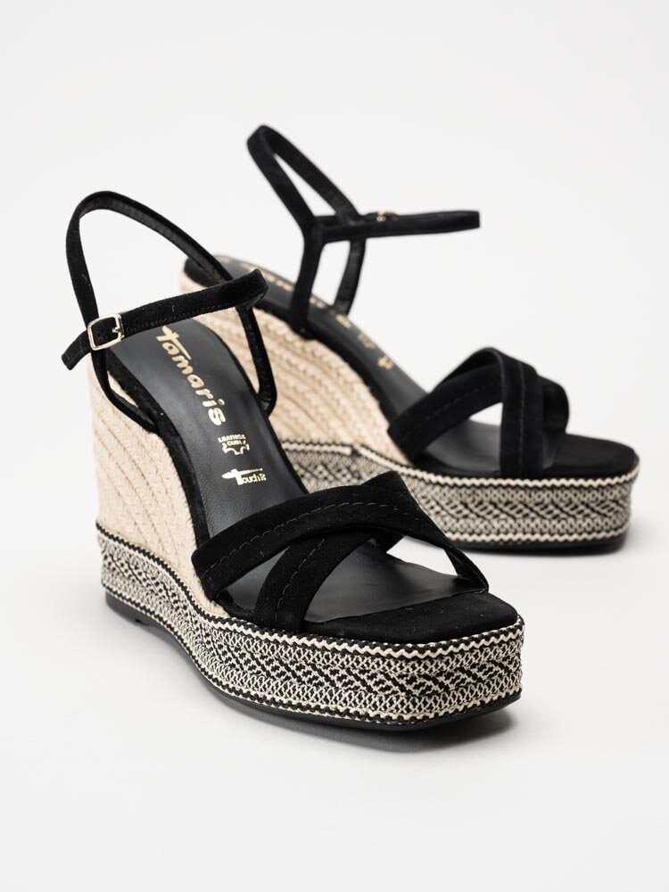 Tamaris - Svarta kilklackade sandaletter i mocka