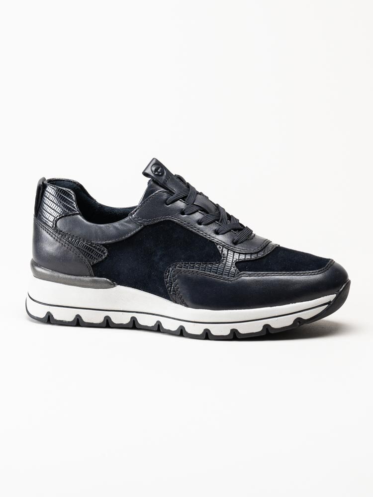 Tamaris - Mörkblå kilklackade sneakers i skinn