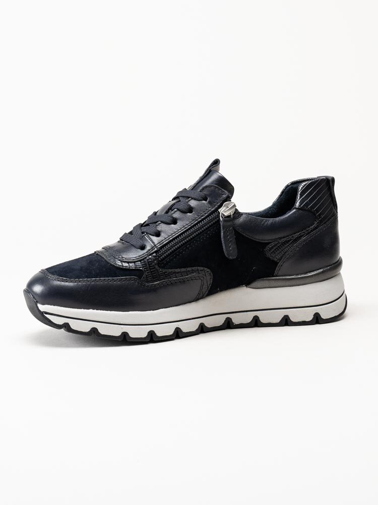 Tamaris - Mörkblå kilklackade sneakers i skinn