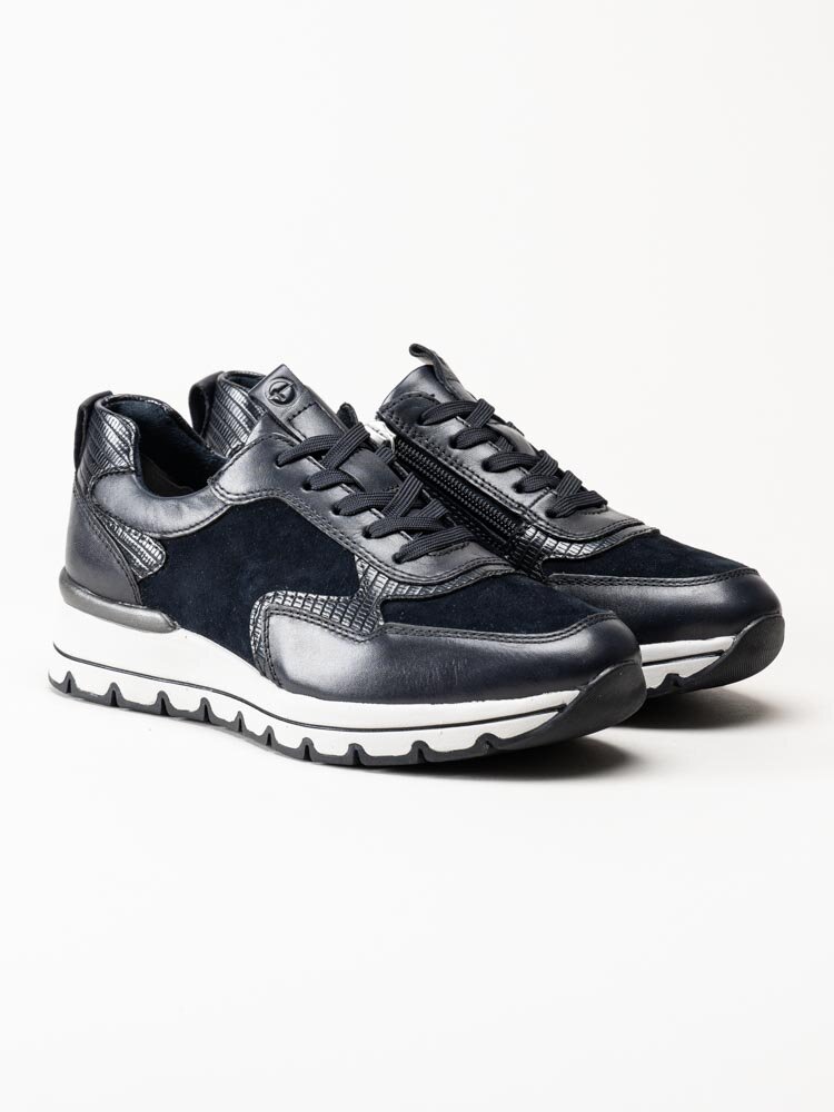 Tamaris - Mörkblå kilklackade sneakers i skinn