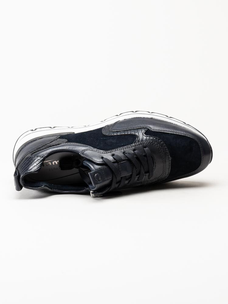 Tamaris - Mörkblå kilklackade sneakers i skinn