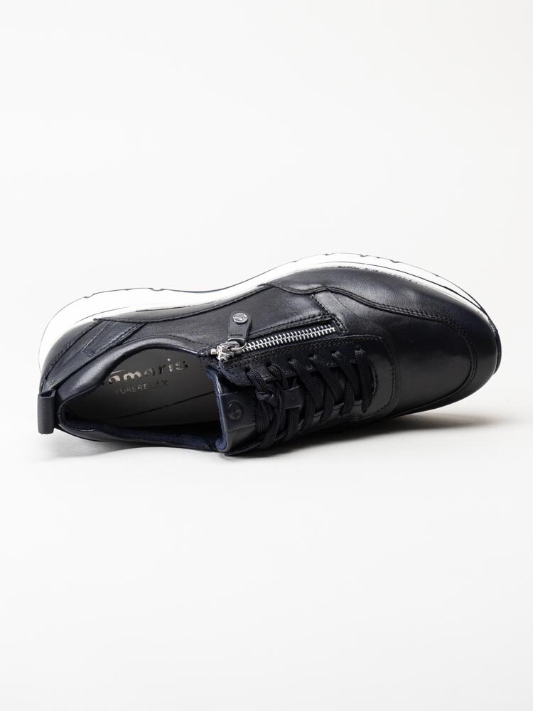 Tamaris - Mörkblå kilklackade sneakers i skinn