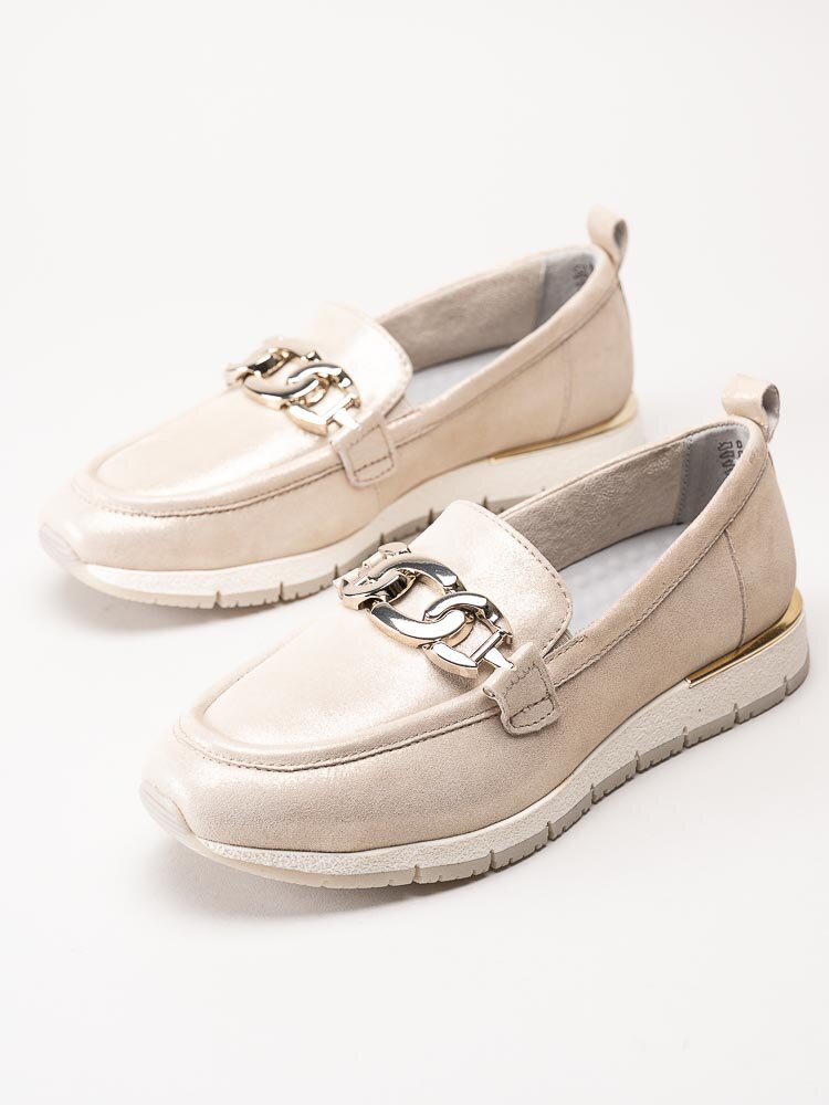 Tamaris - Beige loafers i skimrande mocka