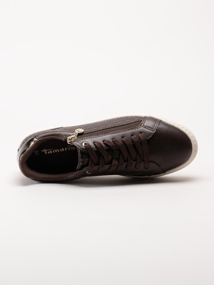Tamaris - Mörkbruna sneakers i skinnimitation