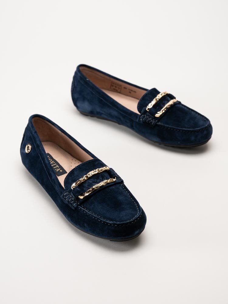 Novita - Parma Flat - Mörkblå loafers med guldfärgat spänne
