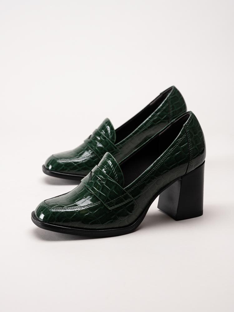 Tamaris - Gröna högklackade loafers i krokomönster