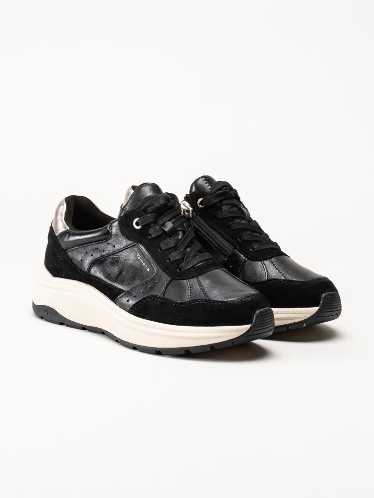Tamaris - Svarta sneakers i skinn