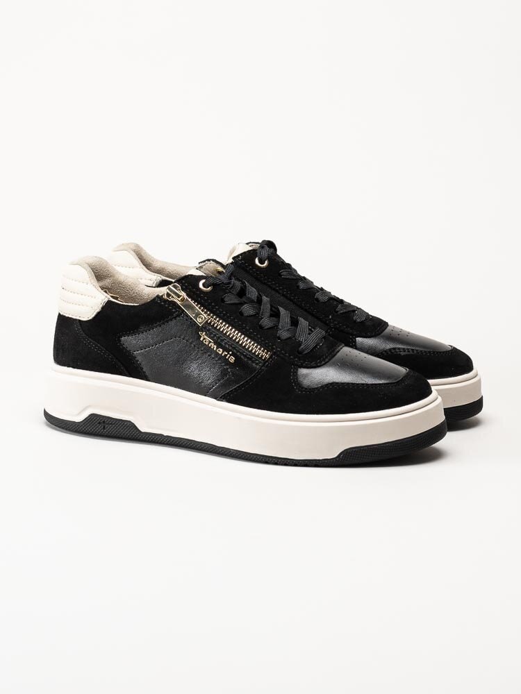 Tamaris - Svarta sneakers i skinn och mocka