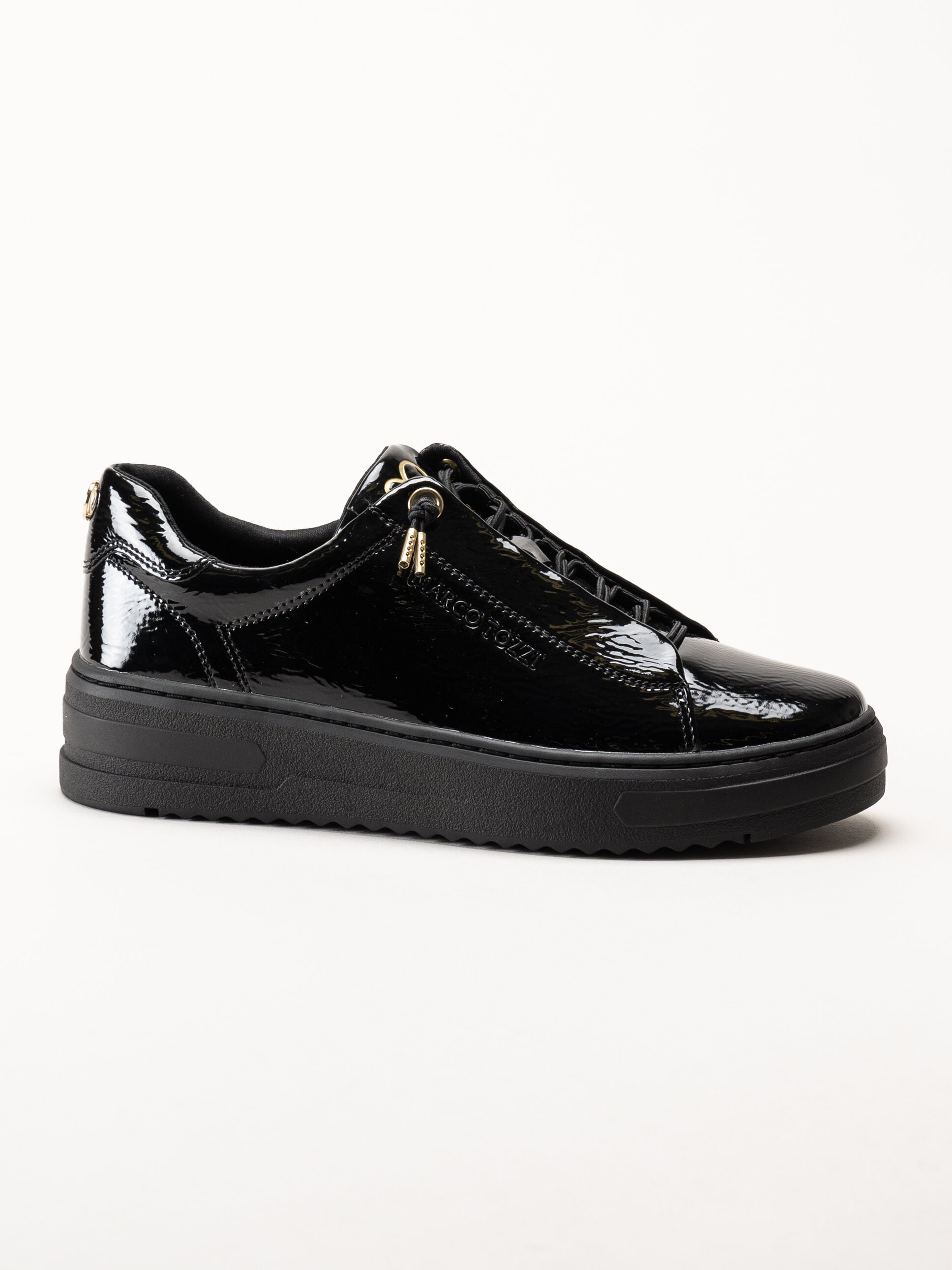 Marco Tozzi - Svarta sneakers i syntetlack med gulddetaljer