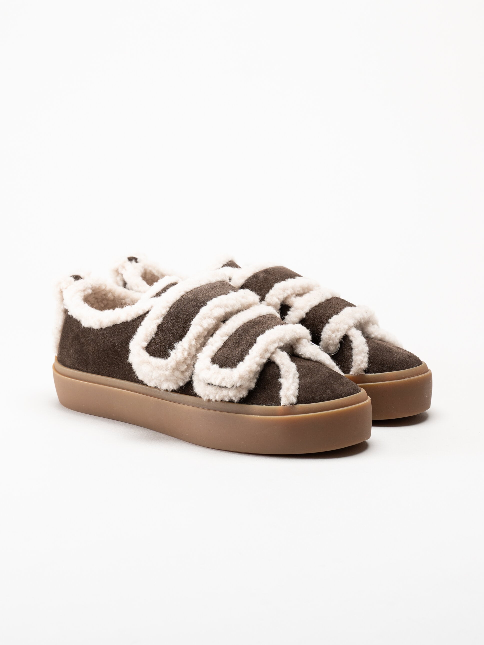 Inuikii - Shearling Low Velcro - Mörkbruna ullfodrade sneakers i mocka