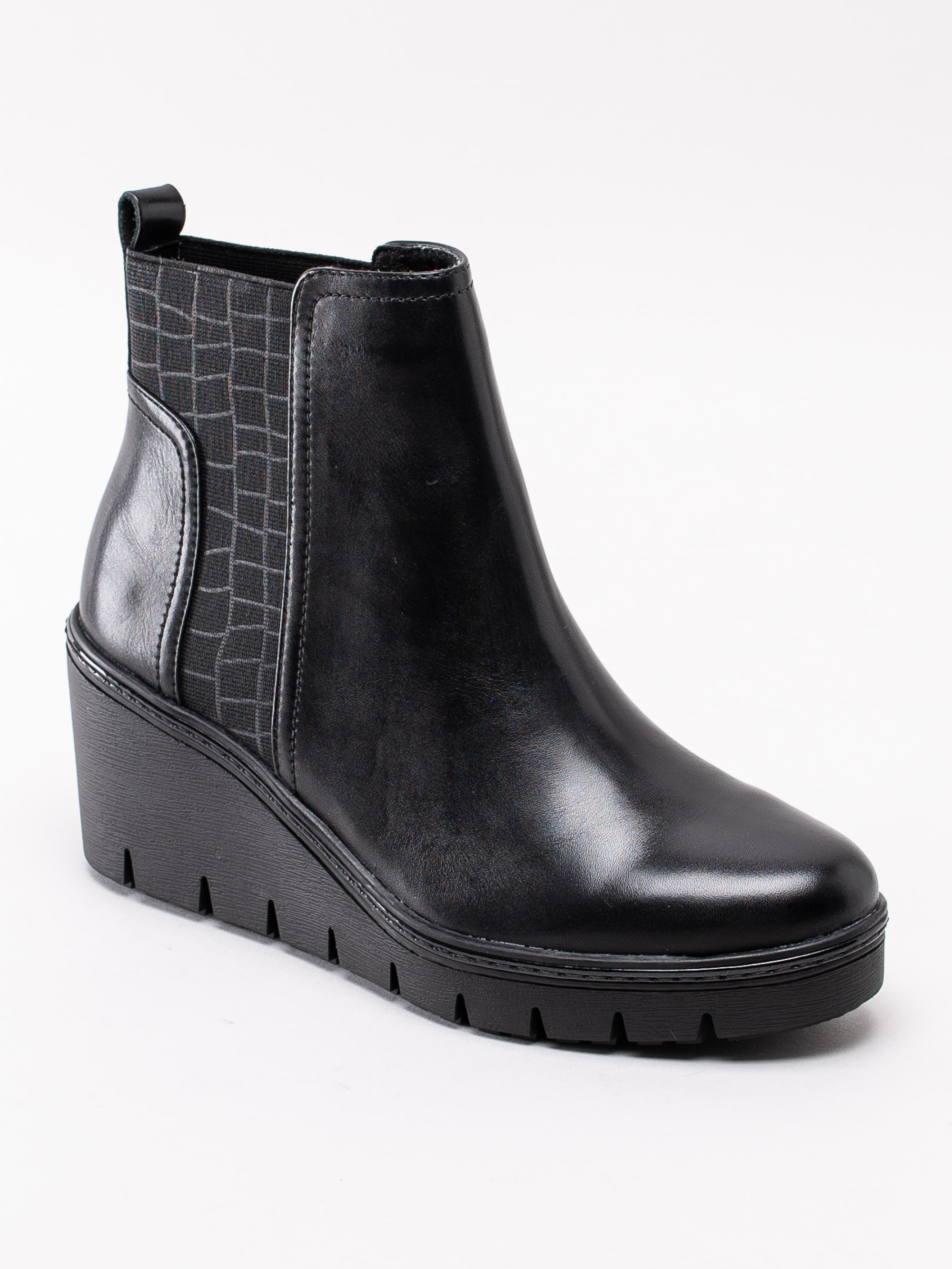 10193125 Tamaris 1-25430-23-001 svarta kilklackade platå boots med mönstrad resår-1