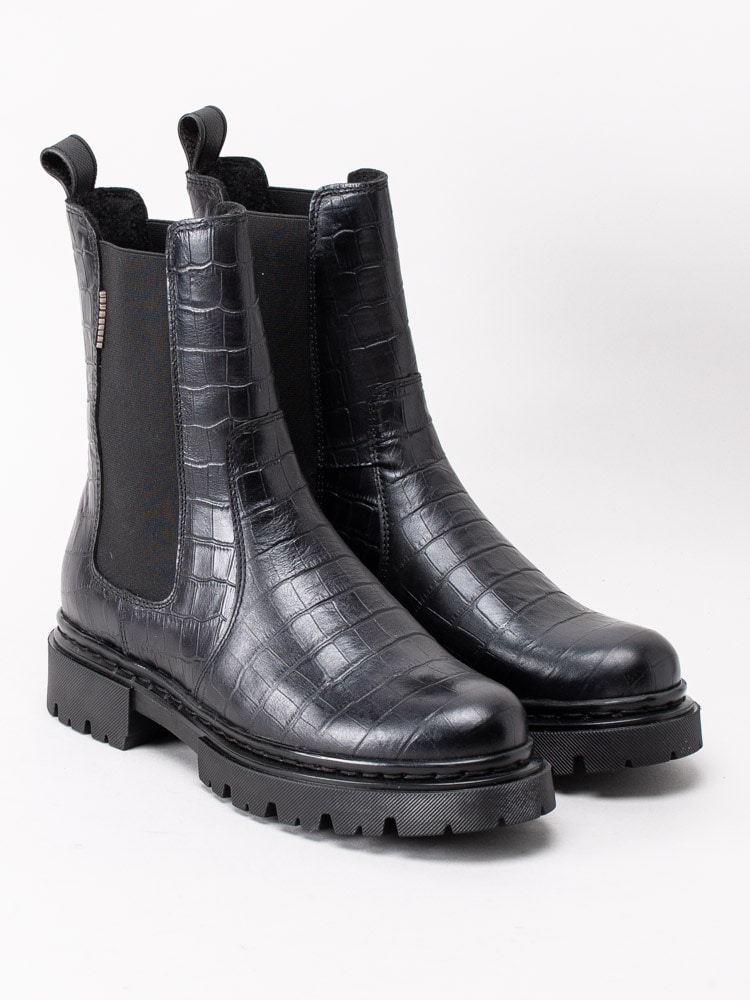 10203163 Bullboxer 610507E6LB-BLCR Black Svarta boots i skinn med crocomönster-3