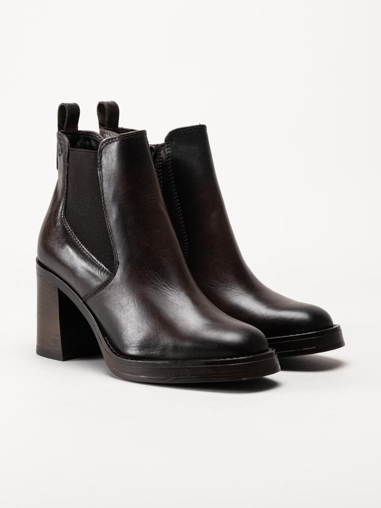 Tamaris - Mörkbruna högklackade boots i skinn