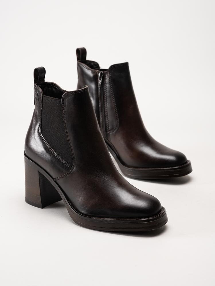 Tamaris - Mörkbruna högklackade boots i skinn