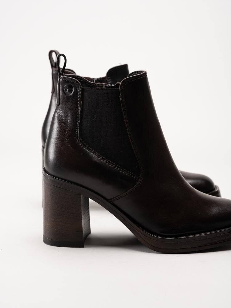 Tamaris - Mörkbruna högklackade boots i skinn