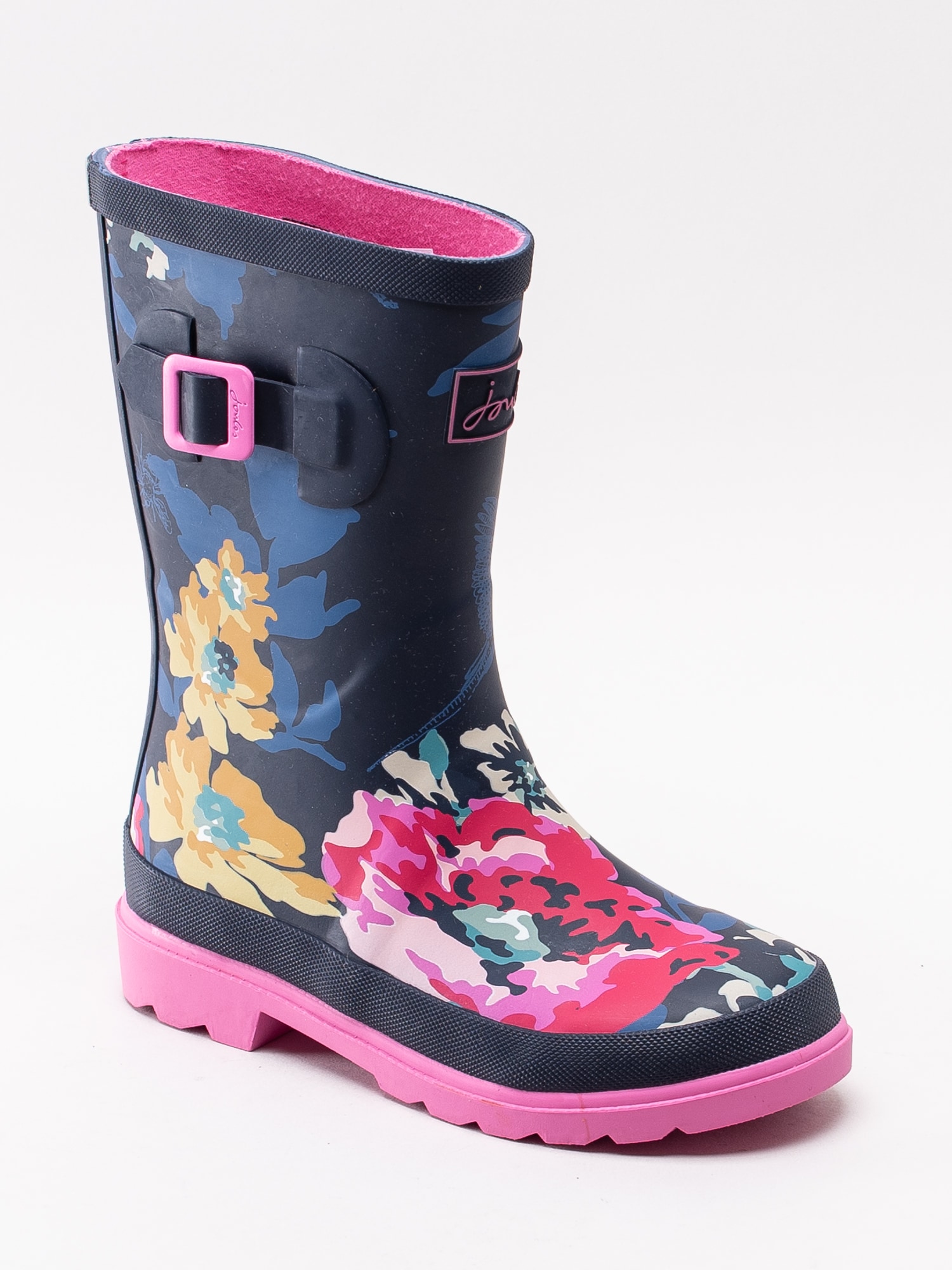 50193016 Joules Junior Welly Print Anniversary Floral 204328 mörkblå gummistövlar med floral-print och rosa detaljer-1