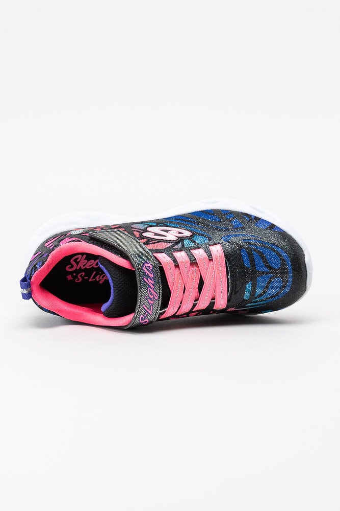 Skechers - Twisty Brights - Svarta glittriga blinkskor med rosa och blått mönster
