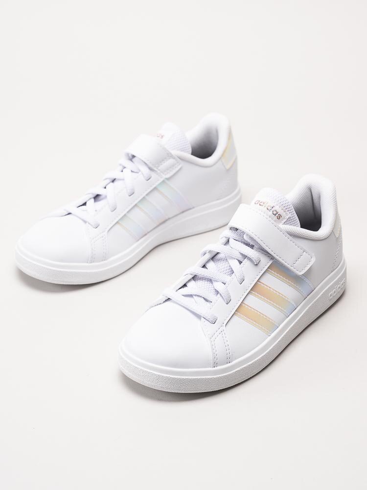 Adidas - Grand Court 2.0 El K - Vita sneakers med tre rosaskimrande stripes
