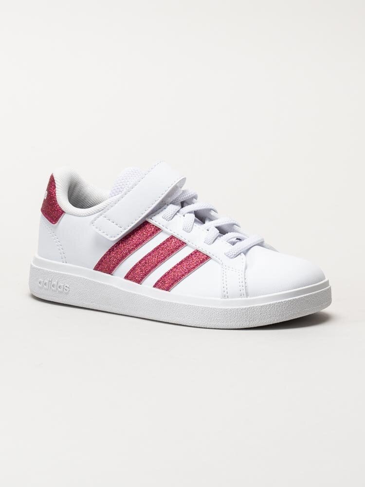 Adidas - Grand Court 2.0 El K - Vita sneakers med tre rosa glitterstripes