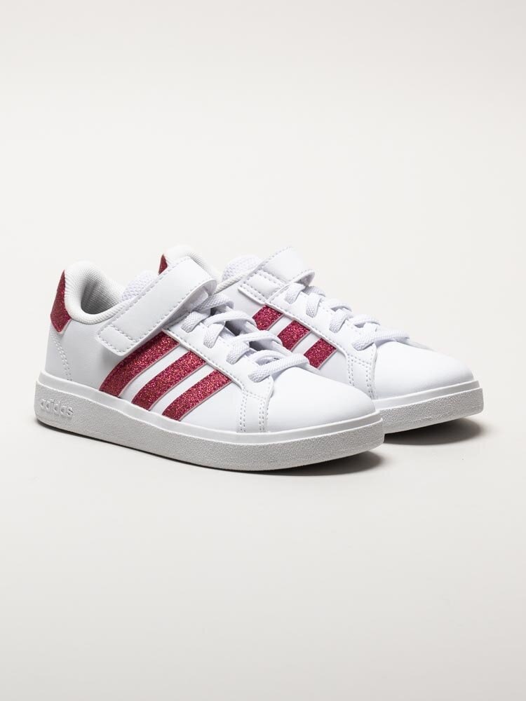 Adidas - Grand Court 2.0 El K - Vita sneakers med tre rosa glitterstripes