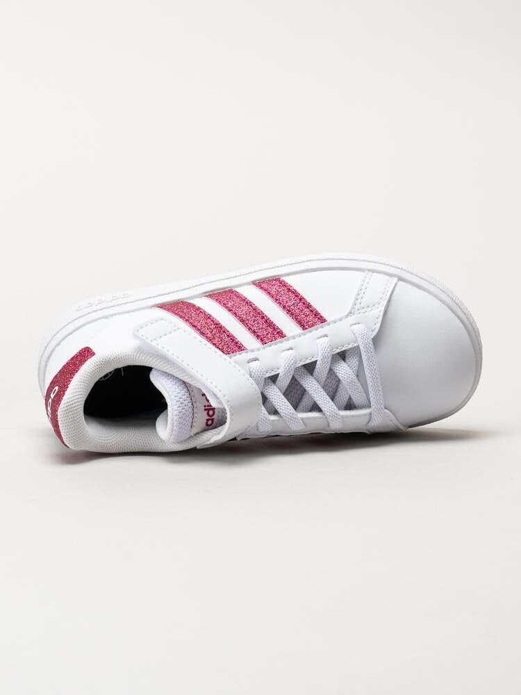 Adidas - Grand Court 2.0 El K - Vita sneakers med tre rosa glitterstripes