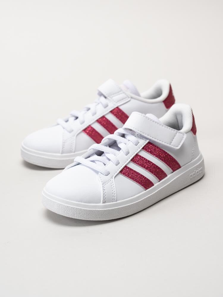 Adidas - Grand Court 2.0 El K - Vita sneakers med tre rosa glitterstripes