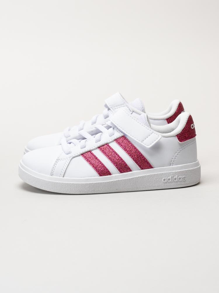 Adidas - Grand Court 2.0 El K - Vita sneakers med tre rosa glitterstripes