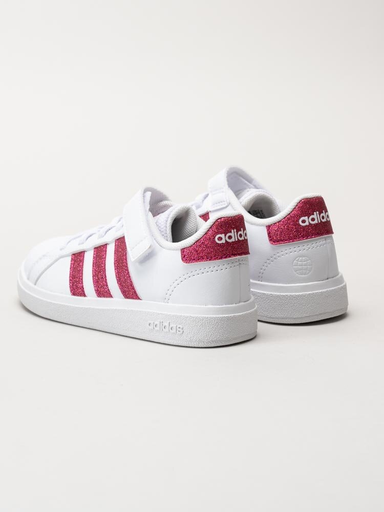 Adidas - Grand Court 2.0 El K - Vita sneakers med tre rosa glitterstripes