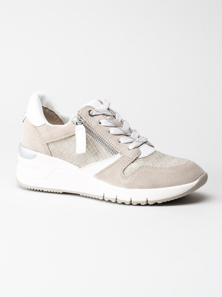 Tamaris - Beige kilklackade sneakers i mocka