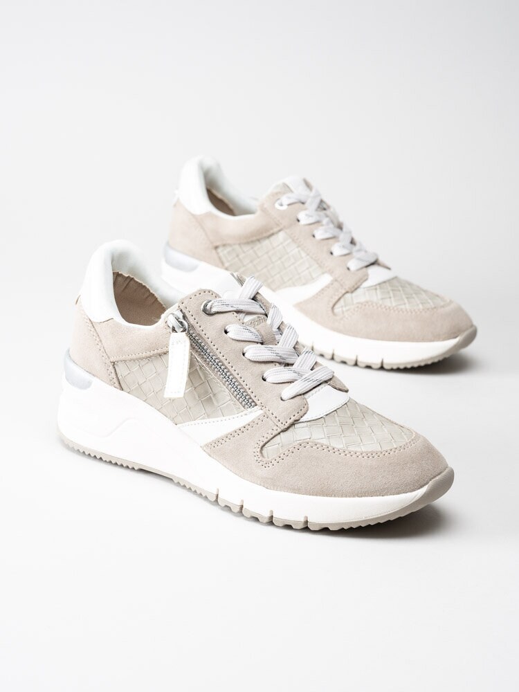 Tamaris - Beige kilklackade sneakers i mocka