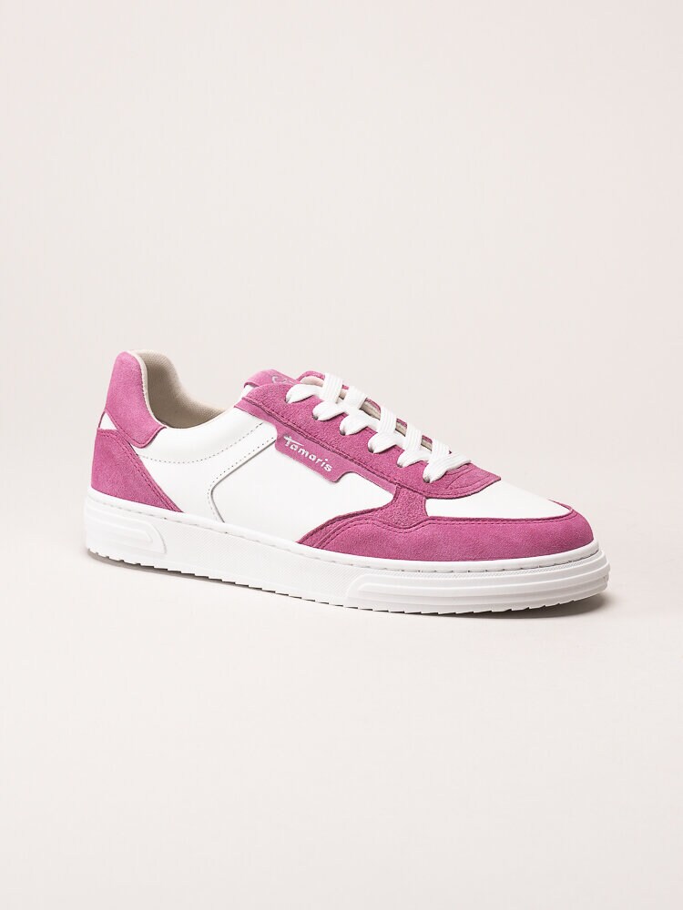 Tamaris - Vita och rosa sneakers i skinn