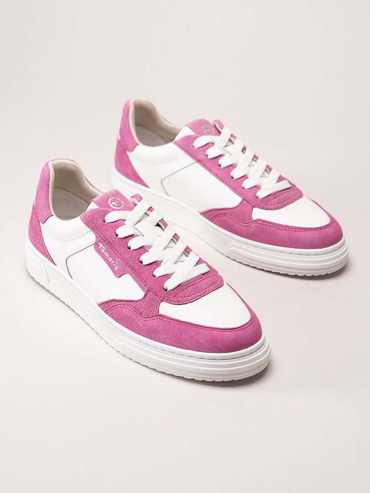 Tamaris - Vita och rosa sneakers i skinn